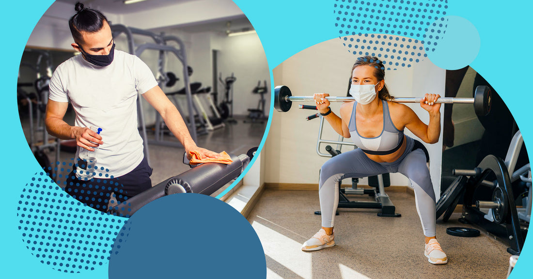 Man cleaning the gym while woman lifts weights